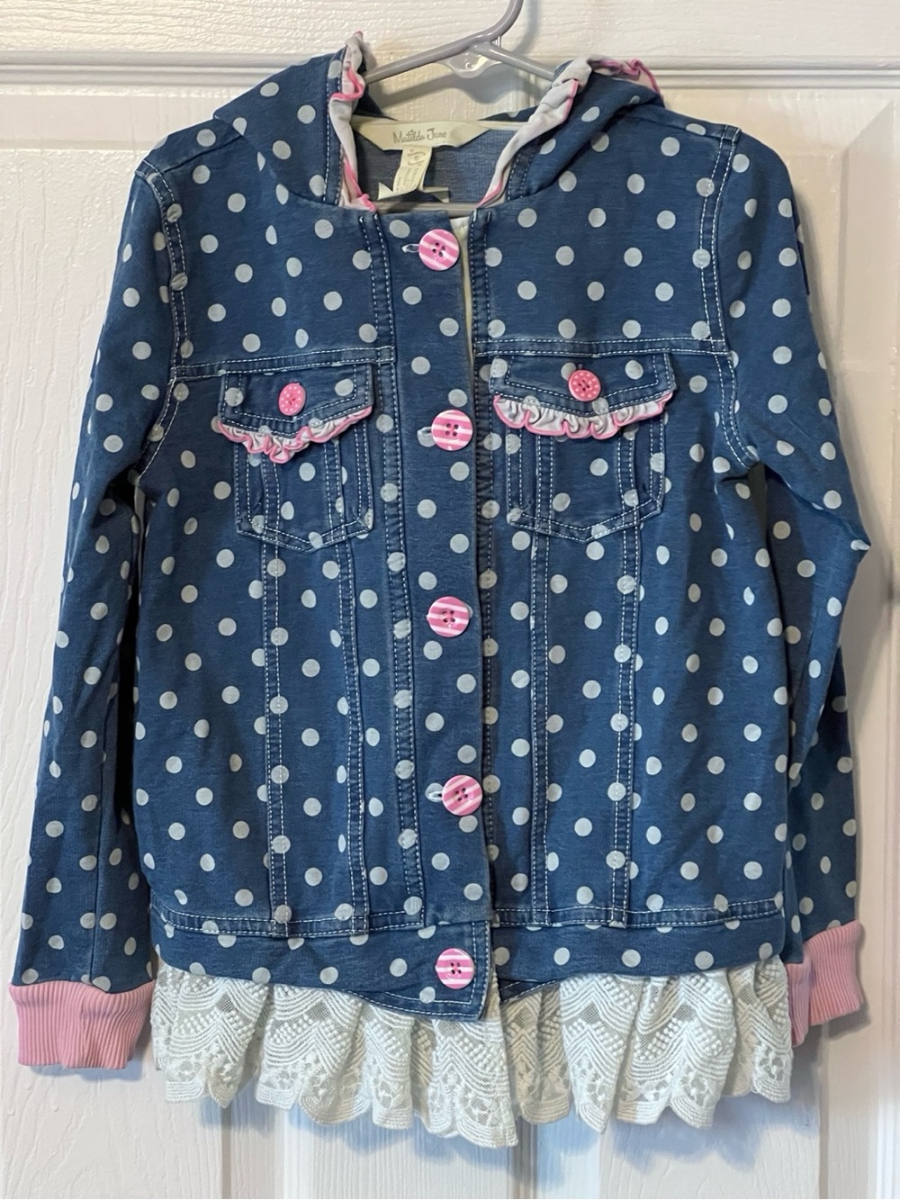 Matilda Jane Girls Size 6 Polka Dot Hooded Jacket Lace Ruffle Pink Buttons